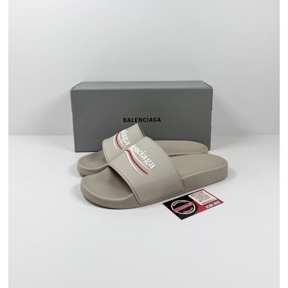 Size 8 - Balenciaga Beige Pool Campaign Logo Sandals NEW!